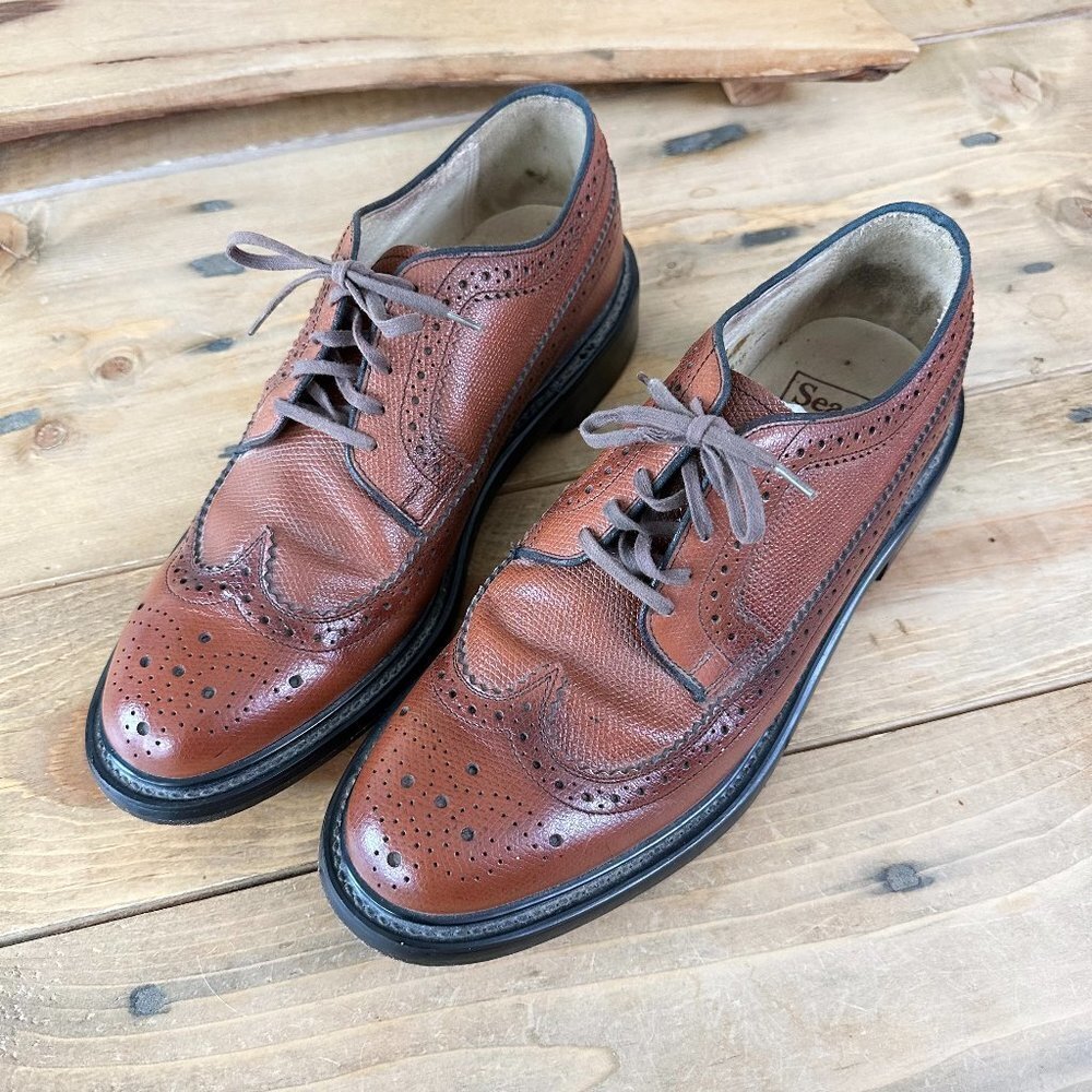 Vintage Sears Brown Leather Men's Oxfords Wing Tips Wingtips Dress Shoes Size 8D